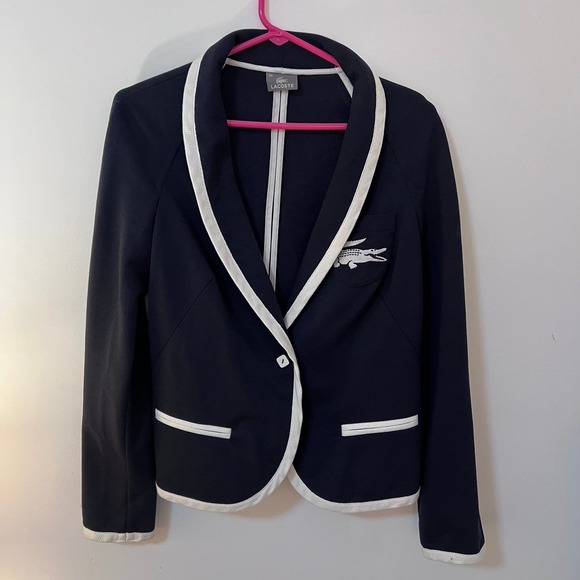 Lacoste Jackets & Blazers - VTG Lacoste Women's Navy Blue Knit Blazer Jacket Sz 40 (US 8) Shawl Collar Croc